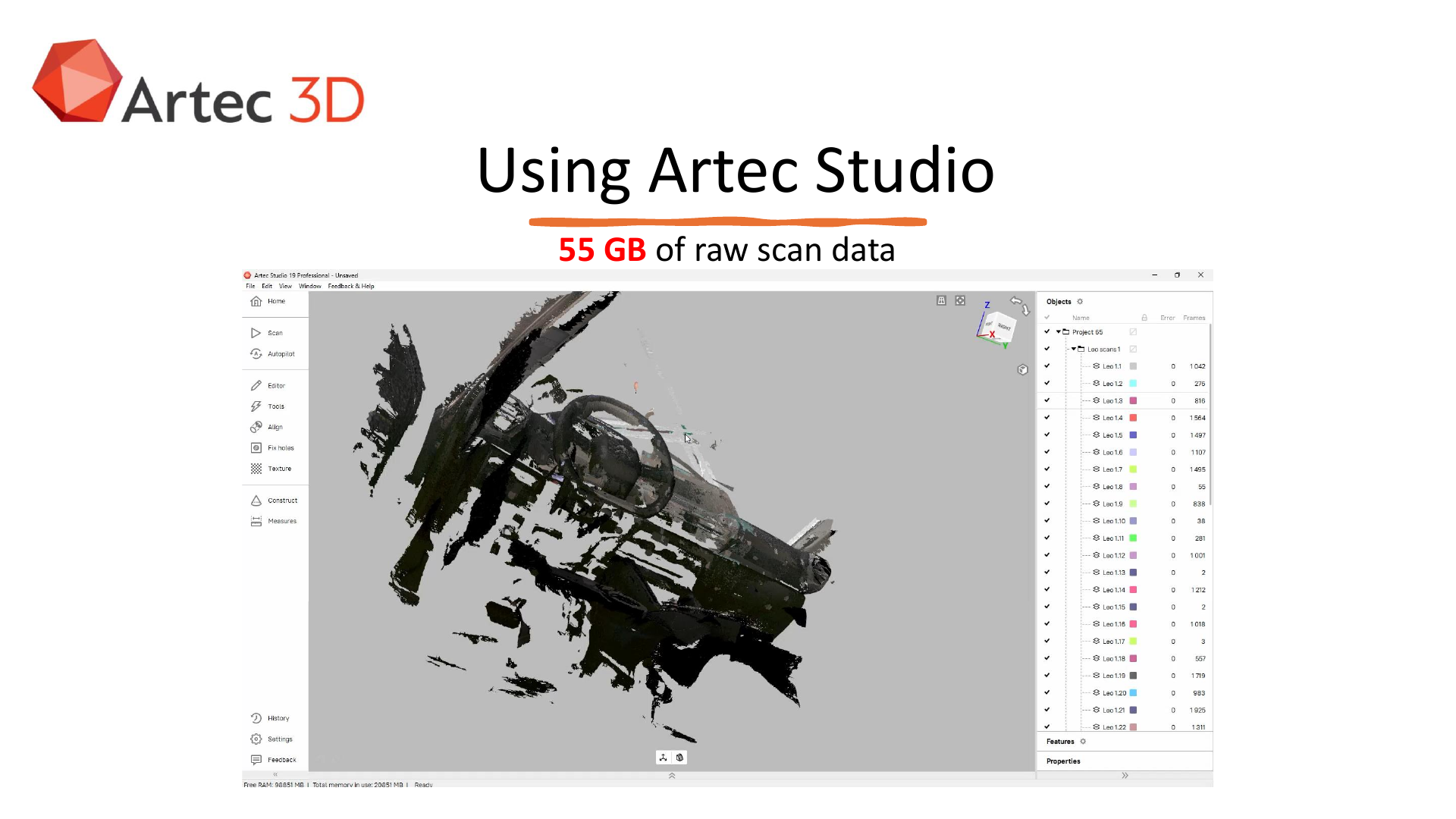 Artec Studio view of the raw vehicle-cabin scan and incomplete dashboard mesh.