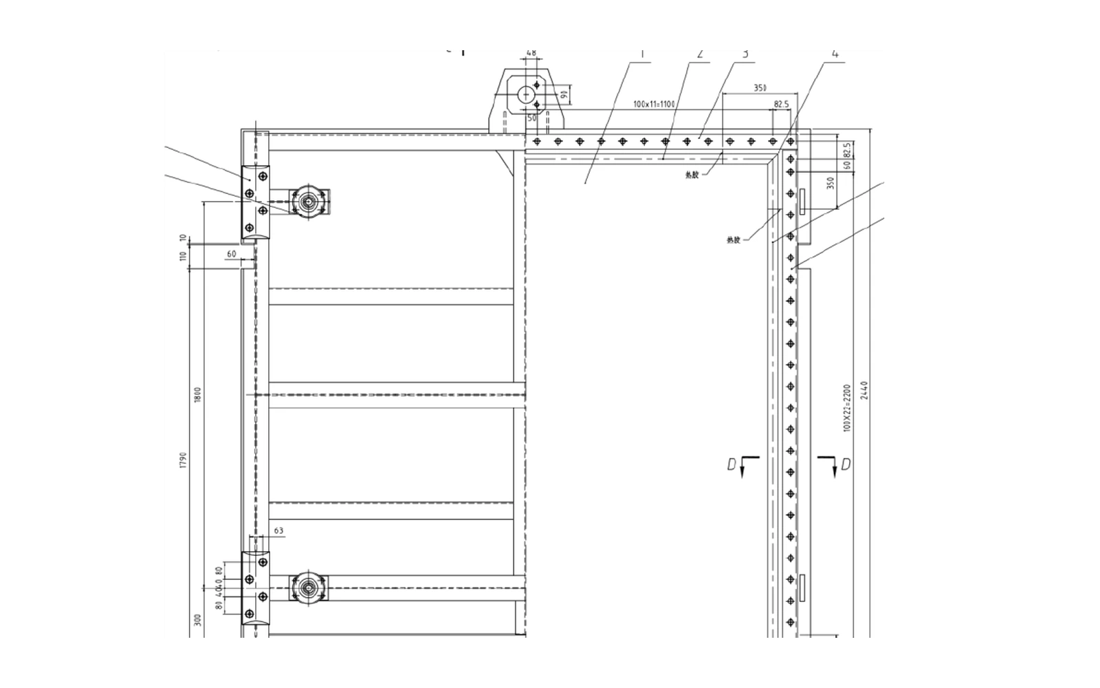 Gate arrangement drawing showing the panel, beam system, roller supports and principal dimensions.